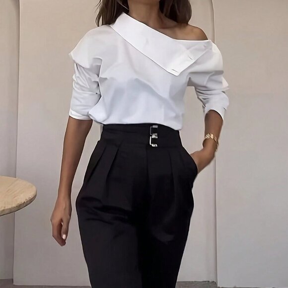 White Elegant Women's Button Down Long Sleeve Casual Shirt - Picture 5 of 5